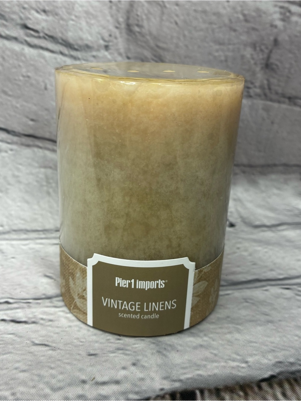 5/$20 NEW Pier 1 Imports ‘Vintage Linens’ Single Wick Pillar Candle 3x4 inches